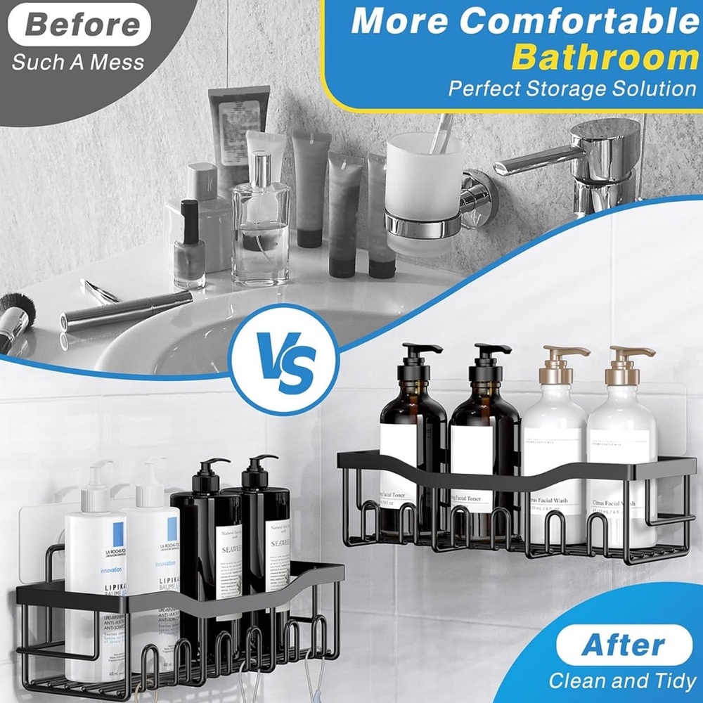 Adhesive Black Rustproof Stainless Steel Shower Caddy Organizers, 3 Pack - Picture 3 of 12